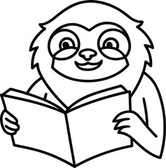 Cute cartoon sloth smiling while reading a book black and white outline illustration