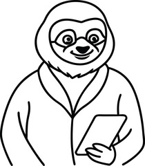 Fototapeta premium Adorable cartoon sloth wearing glasses holding a tablet illustration in black and white