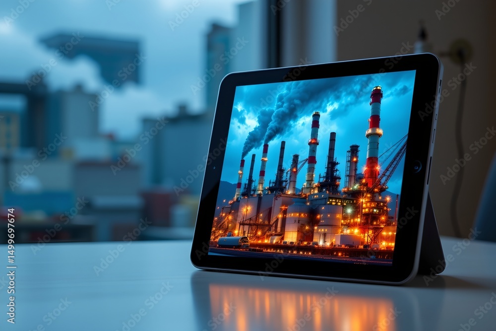 Poster dreamscape style art of a factory on a tablet enhanced with technology, with the subject positioned 