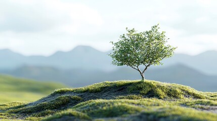 A small tree on a grassy hill with a blue sky and distant mountains