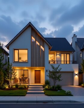architectural house design with warm ivory tones under city lights, subject on the left with copy space on the right.