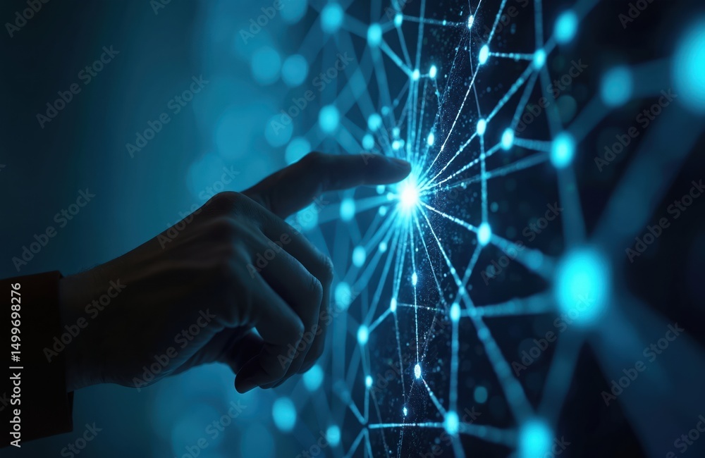 Poster human hand touching glowing network of interconnected points. futuristic digital interaction concept
