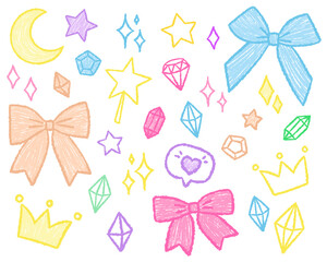 Bow, moon, star, crown, diamonds. Vector illustration with pastel and chalk texture