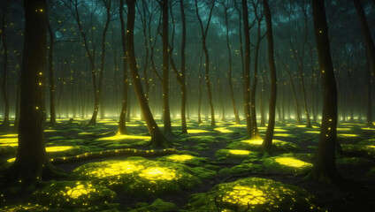 Fototapeta premium Enchanted Forest at Night Magical Firefly Glow in Mystical Woods