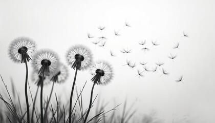 Black, white illustration of dandelions. Seeds blown by wind. Group of plants, freedom, movement, growth, summer, concept of nature, botany. Abstract minimalistic picture for calm design, print, card.