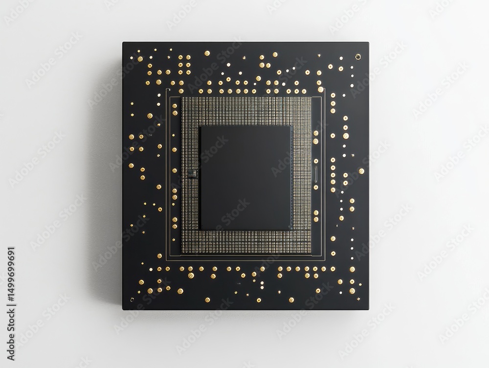Poster high-angle view of a square black circuit board with a large black processor chip