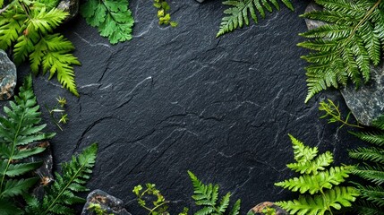 Vibrant green ferns and pine leaves frame a textured black slate background