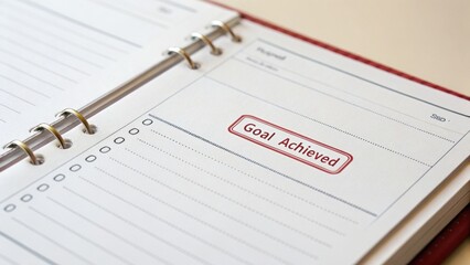 Open planner with "Goal Achieved" stamped on a page, symbolizing accomplishment and productivity.