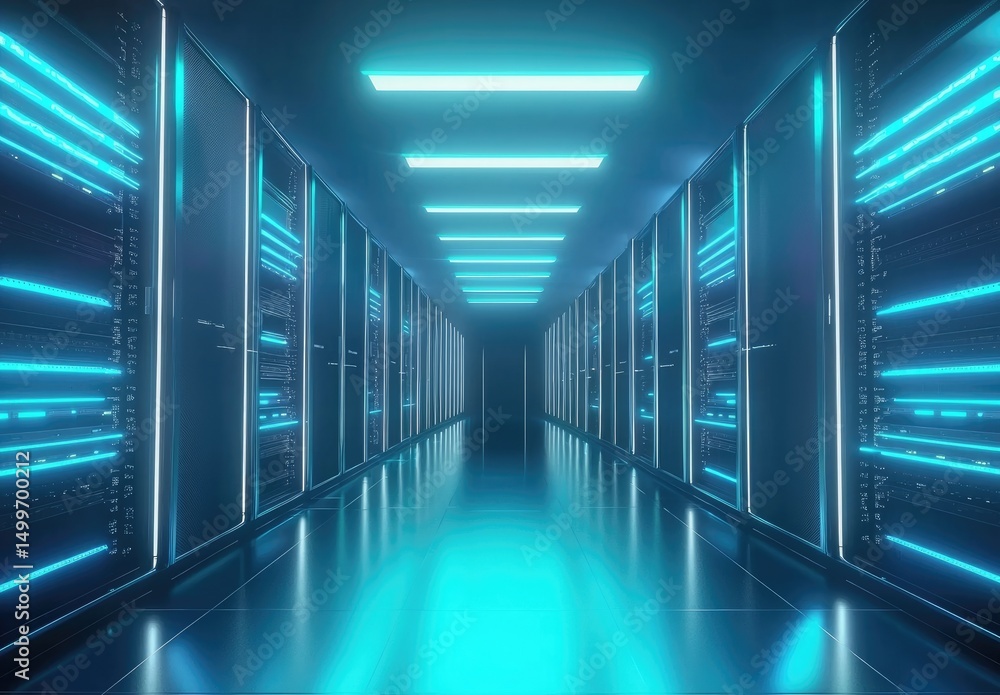Leinwandbilder Bright futuristic data center corridor lined with glowing cyan servers, ideal for visualizing cloud computing, data storage, network systems, and advanced digital infrastructure in tech presentations