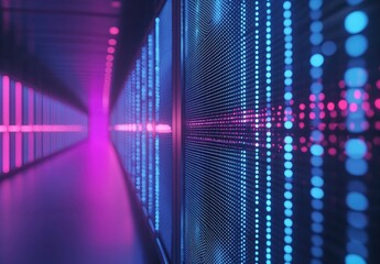 Digital server hallway with glowing pink and blue LED panels in a futuristic environment, ideal for visuals in cyber tech, AI, data analytics, and immersive digital infrastructure concepts