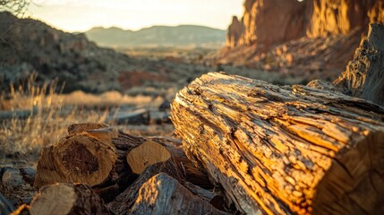A close-up shot of cut wood in the foreground set against a mountain sunset