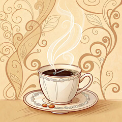 Obraz premium steaming coffee cup on saucer with ornate paper sw