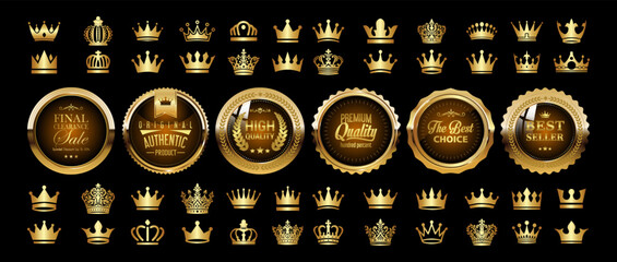 Luxury Gold Badges and Ribbons Vector Illustration.Gold Crown Icon Illustration Set.