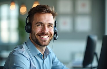Smiling businessman wearing headset video call. Happy man working in office at call center. Support service manager with headphones, consulting clients. Online assistant, tech support.