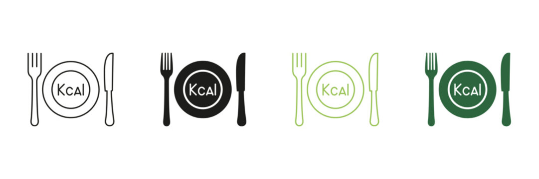 Calorie Count Line and Silhouette Icon Set With Plate, Fork, Knife. Healthy Dining And Nutrition Icon. Healthy Eating And Diet. Editable Stroke. Isolated Vector Illustration