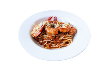 Spaghetti with shrimp with seafood salad sprinkle with cheese on top on white plate isolated on cutout PNG or transparent background. Noodles beautiful and delicious Italian food.