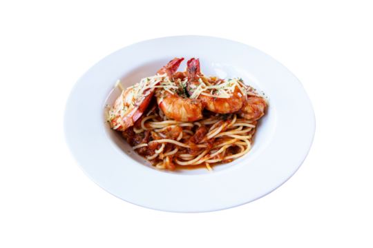 Spaghetti with shrimp with seafood salad sprinkle with cheese on top on white plate isolated on cutout PNG or transparent background. Noodles beautiful and delicious Italian food.