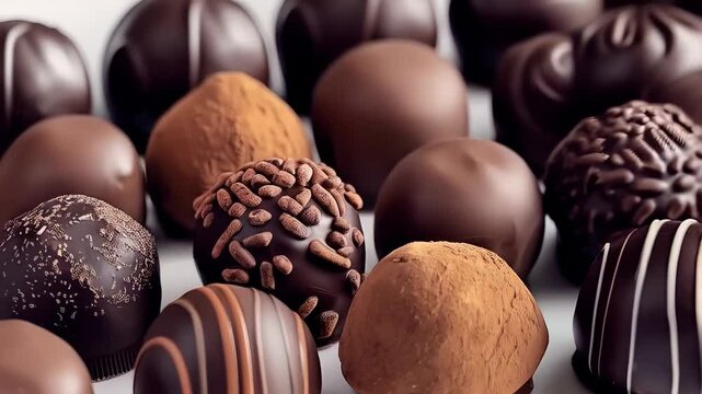 Luxurious chocolate pralines and bonbons arranged artfully, showcasing rich textures and gourmet delicacy against pristine white surface