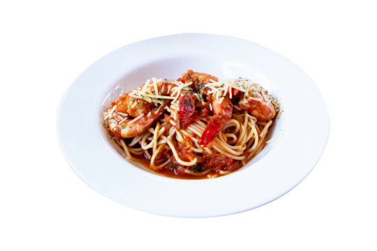 Spaghetti with shrimp with seafood salad sprinkle spicy flavor with cheese on top on white plate. Noodles beautiful and delicious Italian food. Isolated on cutout PNG or transparent background.