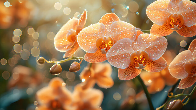 Stunning close-up of dew-kissed peach orchids bathed in soft sunlight, bokeh background.