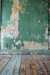 Aged green wall with peeling paint and vintage wooden floor