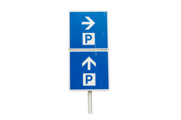 Sign blue aluminum white letter P with arrows pointing the way for car parking area Isolated on cut out PNG or transparent background. Symbol for organizing traffic and parking in public.