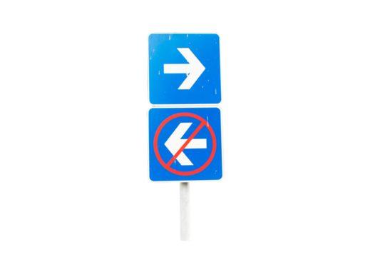 Sign blue aluminum white arrow pointing way for indicate route for vehicles to drive and where they prohibited isolated on cut out PNG or transparent background Symbol for organizing traffic in public