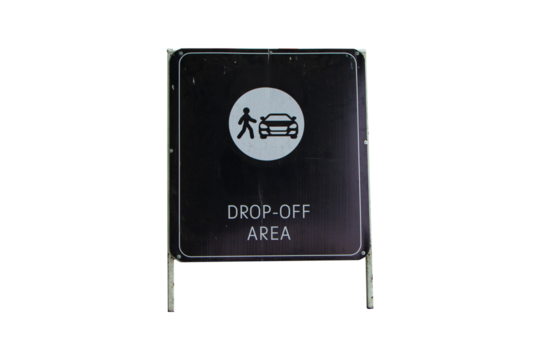 Sign DROP - OFF AREA on black plastic with white letters and an icon of person getting on car. Isolated on cut out PNG or transparent background. Symbol for organizing traffic and parking in public.