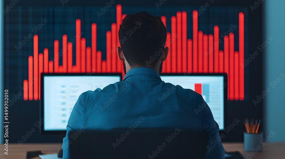 Poster a man reviews data on dual monitors with a bright red bar chart displayed prominently in the backgro