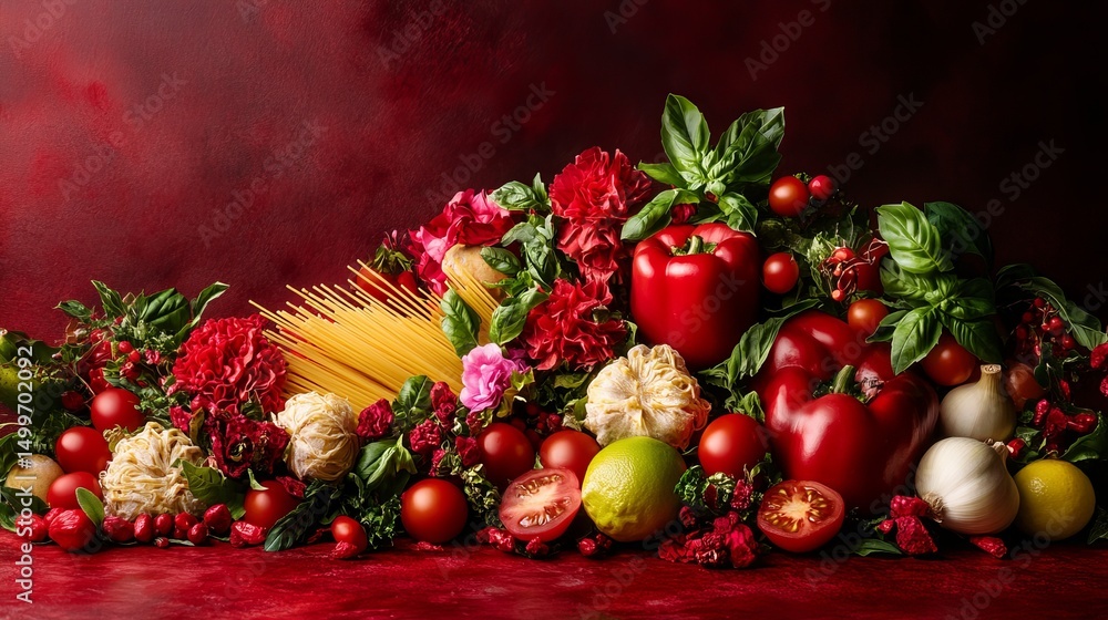 Poster assorted pasta and vegetables displayed with basil leaves and red flowers on a matching red surface.
