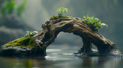 Fototapeta premium Serene moss-covered log arching over tranquil water, small plants sprouting atop; evokes peace, nature's resilience.