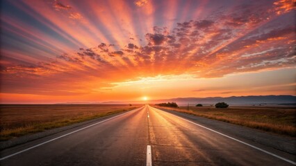 Naklejka premium A long, empty road stretches into the horizon under a vibrant, colorful sunrise with dramatic clouds and golden light.