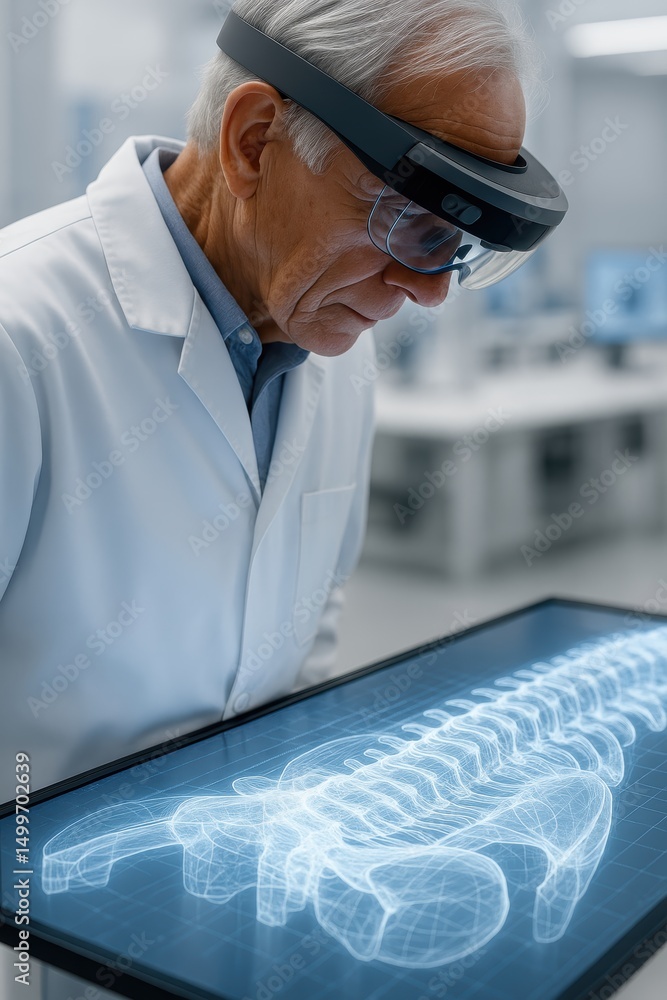 Poster an older scientist uses augmented reality glasses to examine a digital 3d model of a spine in a mode
