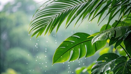 Obraz premium Lush green tropical leaves with raindrops falling in a vibrant jungle setting.