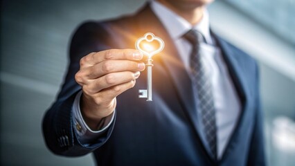 A man in a business suit holds a glowing key forward, symbolizing success, opportunity, and unlocking potential.