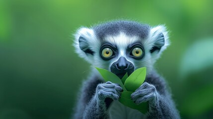 Fototapeta premium Adorable Ring tailed Lemur eating green leaves in lush forest. Wildlife, nature, conservation concept.