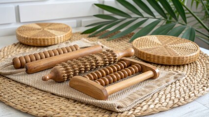 Wooden massagers and woven coasters displayed on a natural fiber mat with a palm leaf in the background, creating a relaxing spa atmosphere.