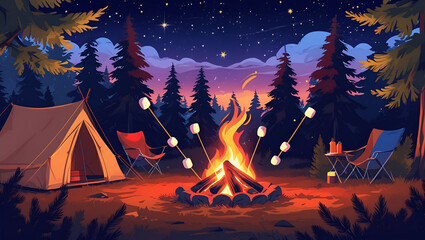 Cozy Campfire Night with Tent and Marshmallows Under Starry Sky