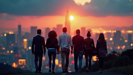 Back view of a group of coworkers of different backgrounds walking toward a glowing city skyline at twilight
