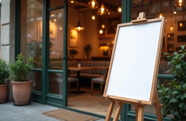 Blank white paper poster mockup. Wooden easel stand outside restaurant building. Advertising design space for marketing business concept. Empty billboard display in eatery.