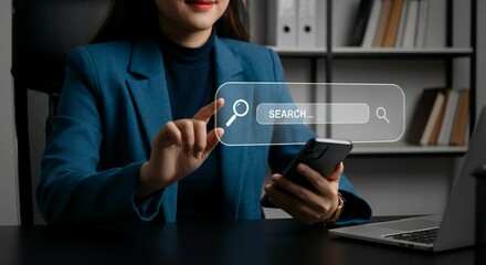 SEO and Web Search Interface Concept with Smartphone and Search Bar Interaction.