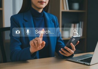 SEO and Web Search Interface Concept with Smartphone and Search Bar Interaction.