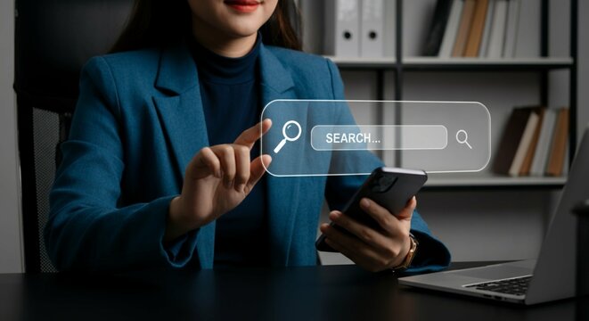 SEO and Web Search Interface Concept with Smartphone and Search Bar Interaction.