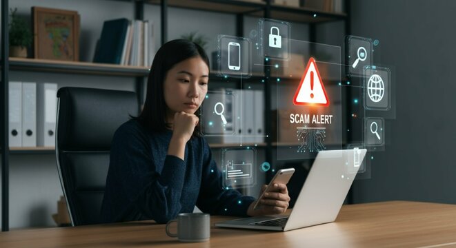 Scam Alert Warning: Cybersecurity Tips Against Phishing, Fraud, and Online Threats.