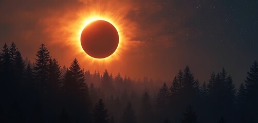 Stunning photo captures solar eclipse over forest silhouette at night. Mysterious astronomic phenomenon, dramatic sky with stars. Omen of cosmic event. Natural sunlight through dark shadow above