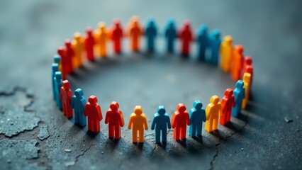 Aerial shot of colorful miniature people figures forming a perfect circle on textured dark ground symbolizing global connection and community
