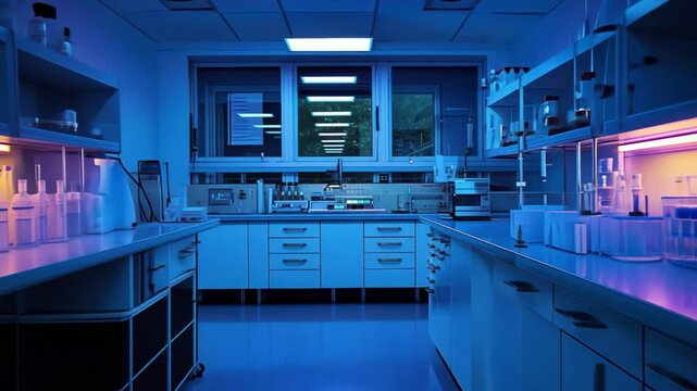 interior of laboratory equipped with various glassware bottles and flasks for scientific research