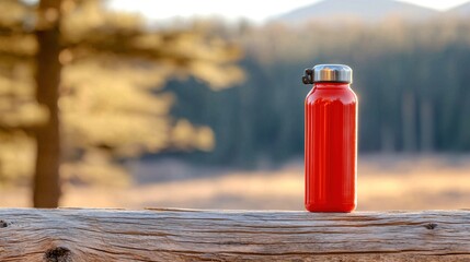Red water bottle with nature background.