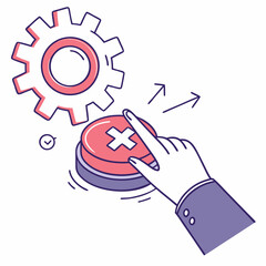 Hand pressing a red button with a plus sign gear mechanism improvement