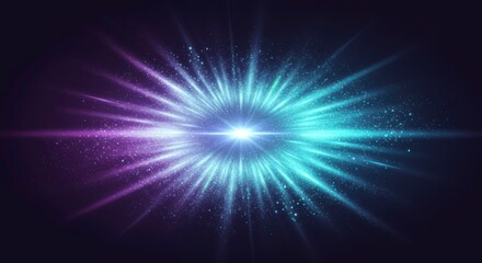 Fototapeta premium Abstract Cosmic Burst Glowing Purple Teal Light Rays and Stardust Explosion